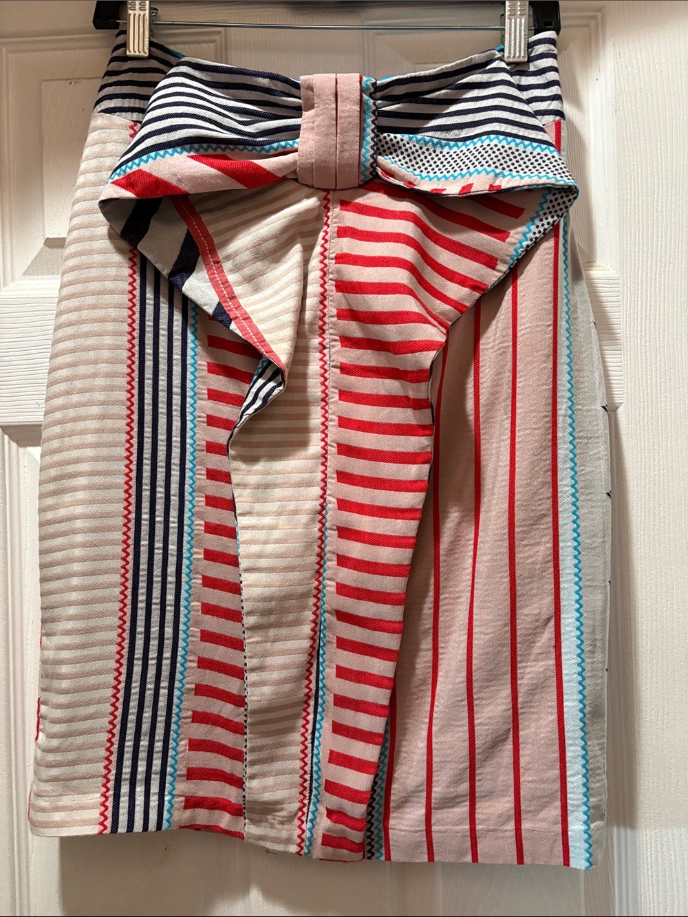 Eva Franco Striped Pencil Skirt in Red, Navy & Cream with Bow Detail